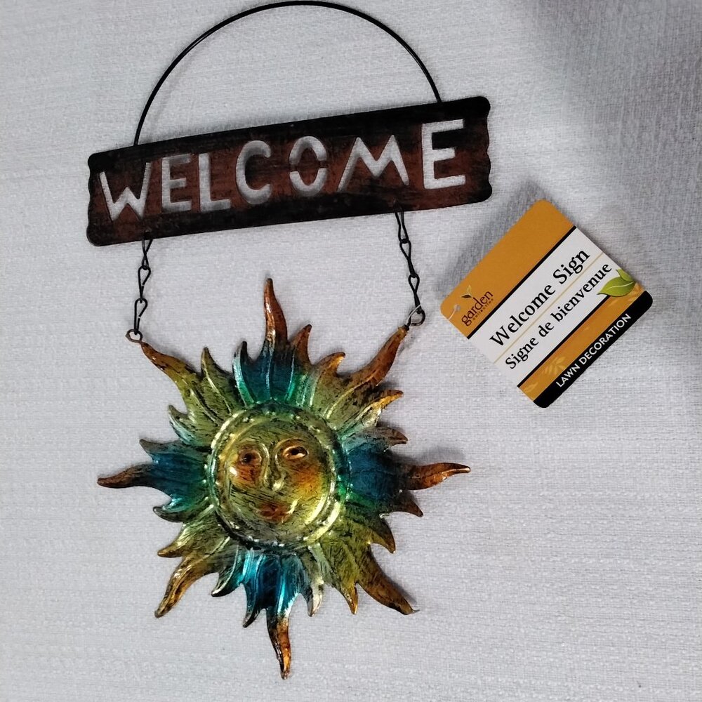 NEW GARDEN COLLECTION Metal Sun Face Welcome Hanging Door Window or Garden Sign